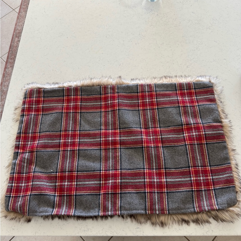 Pottery Barn Red and Gray Plaid Pillow with Faux Fur